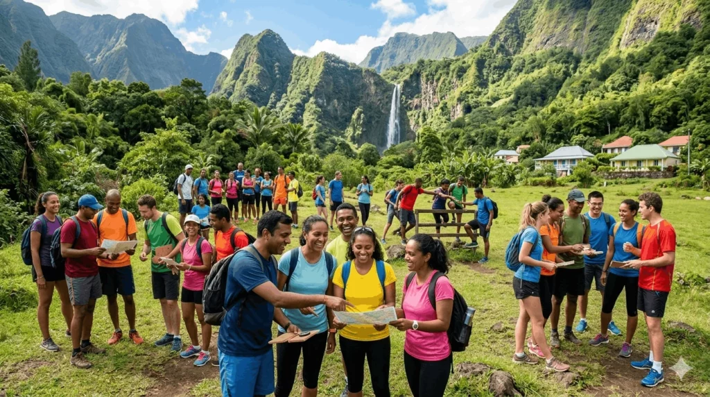 Participants à un team building d’entreprise réalisant une activité d’orientation et des défis en équipe dans un paysage naturel tropical de La Réunion avec montagne et cascade.
